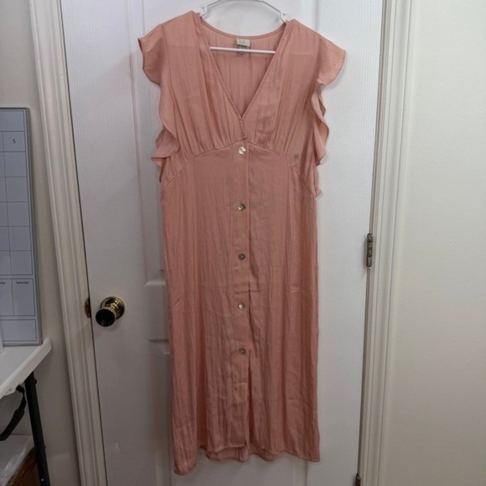 A New Day peach lightweight v-neck ruffle cap sleeve button down midi dress L